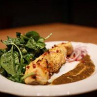 Chargrilled Free Range Chicken Mtsvadi · Marinated Chargrilled Chicken Breast Cubes, Tangy Yellow Plumb Sauce, Fresh Greens with Pome...