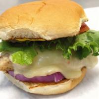Grilled Chicken Sandwich · Grilled chicken, swiss, bacon, mayo, lettuce, tomato on a Hawaiian bun.