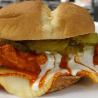 Buffalo Chicken Tender Sandwich · Swiss cheese, chicken tenders, pickles, lettuce, tomato, ranch on a Hawaiian bun. All sandwi...