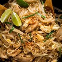 Chicken-Pad Thai   鸡泰面 · Stir-Fried Rice noodle with bean Sprouts,egg,basil and Ground Peanuts. little spicy