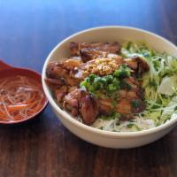 33. Five Spice Chicken with Vermicelli · *Contains Peanuts* Homemade marinated boneless chicken topped w/ peanuts, scallion, lettuce ...