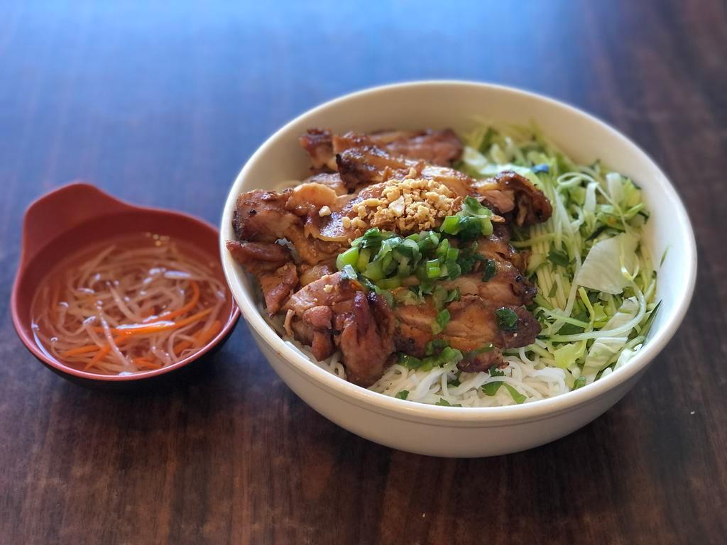 33. Five Spice Chicken with Vermicelli · *Contains Peanuts* Homemade marinated boneless chicken topped w/ peanuts, scallion, lettuce & shredded cucumber served w/ homemade fish sauce on the side
