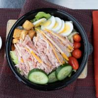 Chef Salad · Ham, turkey, american, swiss cheese, tomato,  cucumber, croutons, and hard boiled egg.