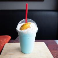 BlueMoon Shake · Topped with a moon cake.