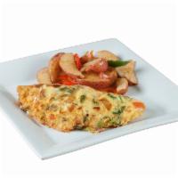 Garden Omelet · Mushrooms, red onions, tomatoes and spinach. Served with home fries and toast.