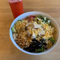 Remember the Alamo Salad (GF) · Mixed greens, chicken, jack and cheddar, tomatoes, avocado, black bean corn relish, tortilla...