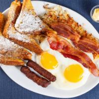 Venetian’s Special · 2 pancakes or 2 French toast, 2 eggs, hash brown, 2 bacon, and 2 sausage.

