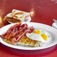 Bacon and Eggs · Comes with 2 eggs, hash browns, toast, and jelly.


