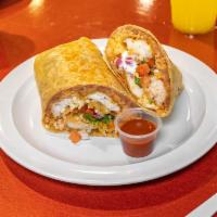 Fish Burrito · Comes with rice, beans, cabbage, pico de gallo, cream, and salsa.