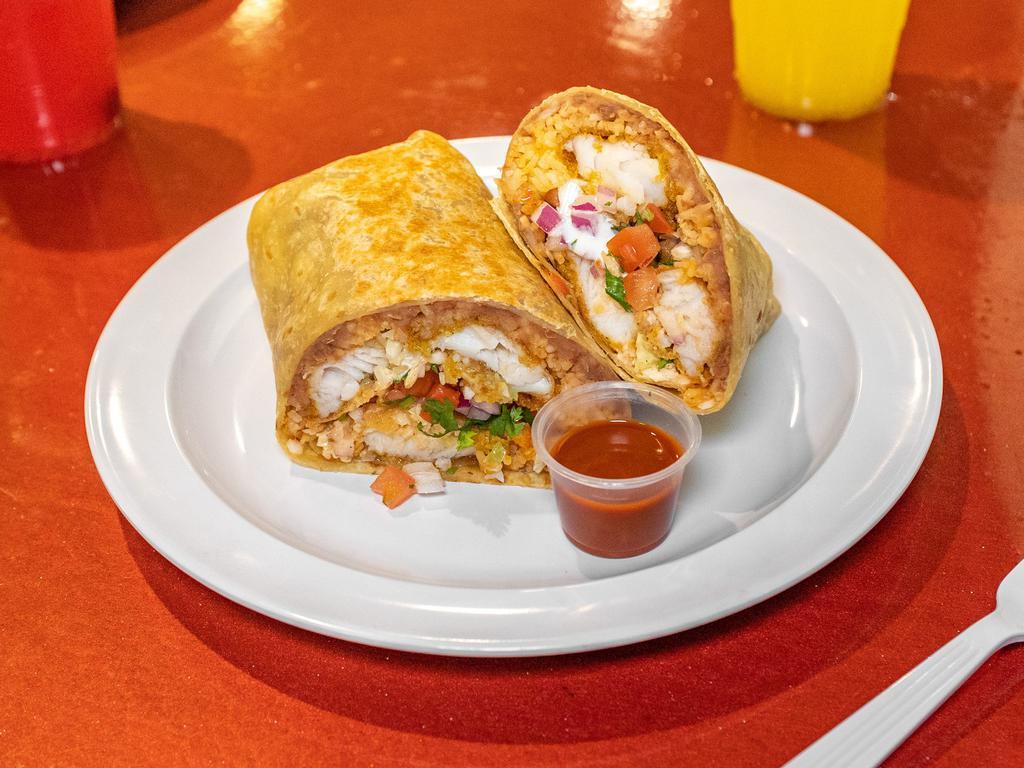 Fish Burrito · Comes with rice, beans, cabbage, pico de gallo, cream, and salsa.