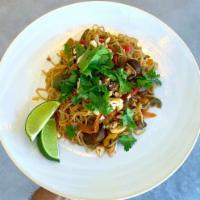 Vegan Pad Thai (GF) · Shiitake and Cremini Mushroom, Millet & Brown Rice Noodles, coconut amino acids, sesame oil,...