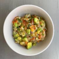 Vegan Ceviche Salad (GF) · Avocados, red pepper, tomato, cilantro, lime and lemon juice, organic jalapeno, heart of pal...