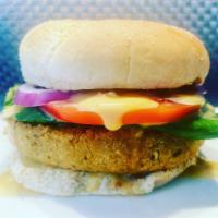 Imperial Chickpea Burger · Garbanzo bean burger w/lettuce, tomato, pickle, pickled red onions & spicy or mild orange se...