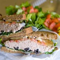 Tuna Salad Sandwich · With lettuce, tomato, onions, mayo, mustard, pickles, olives, jalapenos, pepperoncini.