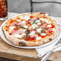 The Meats Pizza · Italian tomato sauce, fresh mozzarella, housemade Angus beef meatballs, pepperoni and rosema...