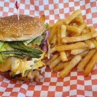 Mex Burger · Single patty stuffed with ham, chorizo, bacon, American cheese, chipotle mayo, served with f...