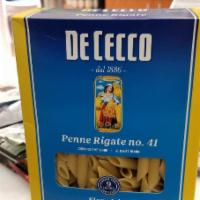 1lb Box of Penne Rigate Pasta · De Cecco - 1 lb (453 g) Penne Rigate no. 41 box. Cooking time 12 min. Al dente 10 min.
