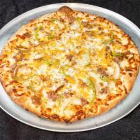 Philly Cheese Steak Pizza · Philly steak, peppers, onions, cheddar and mozzarella cheese.