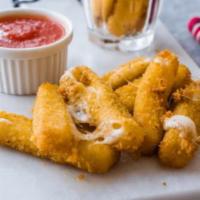 8 Mozzarella Sticks · Mozzarella cheese that has been coated and fried.