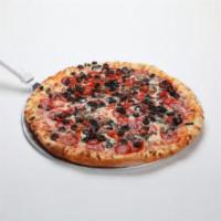 The B.Q.E. Pizza · Pepperoni, mushrooms, black olives, and tomatoes.