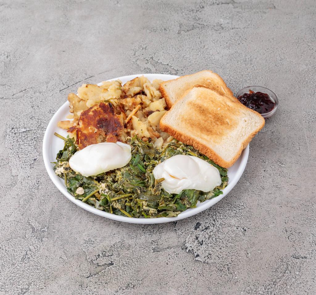 Egg Florentine · Feta cheese and sauteed spinach, topped with 2 poached eggs.