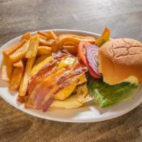 Jamo Burger · Topped with American cheese, bacon, lettuce, tomato and onion. Served with french fries.
