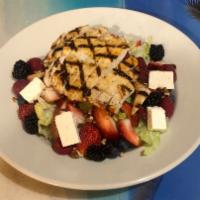 Paddock Lake Summer Delight · Grilled chicken breast on mixed green lettuce with strawberries, walnuts, Granny Smith apple...