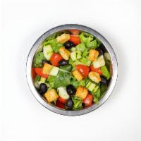 House Salad · Mixed greens, Roma tomatoes, cucumbers, black olives and croutons.