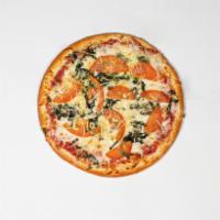 Margherita Pizza  · Roma tomatoes, mozzarella, fresh chopped basil, crushed garlic, olive oil Parmesan and Roman...