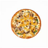 Madelyn's Alfredo Pizza · Chicken breast with Alfredo sauce, fresh mushrooms, baby spinach, cheddar and mozzarella che...