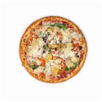 Tuscany Pizza  · Baby spinach, Roma tomatoes, red onions, black and green olives with artichoke hearts, feta,...