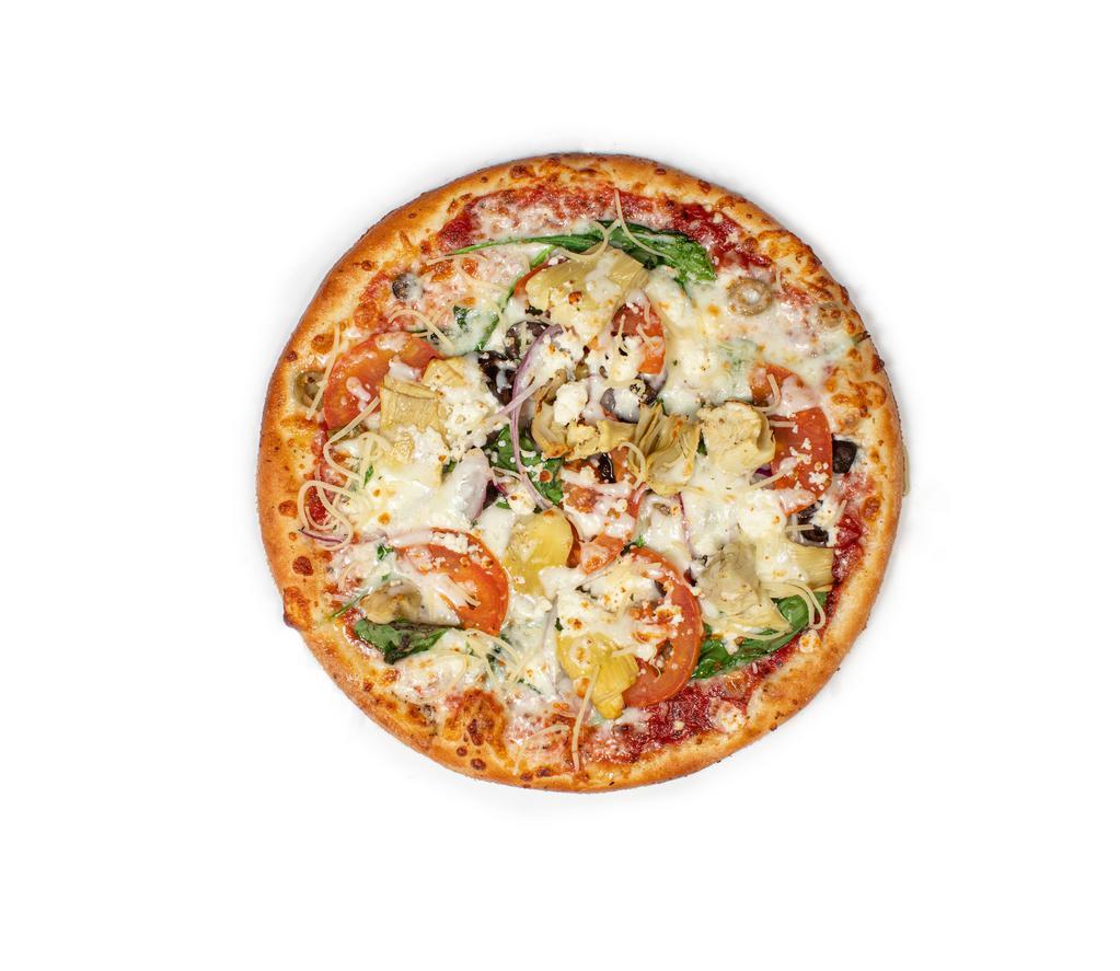 Tuscany Pizza  · Baby spinach, Roma tomatoes, red onions, black and green olives with artichoke hearts, feta, mozzarella and Parmesan cheese.