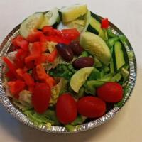 Garden Salad · Fresh mixture of romaine and iceberg lettuce topped with Kalamata olives, tomatoes, cucumber...