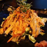 Spicy Sashimi Salad · chopped tuna salmon yellowtail tobiko and scallion Served with chef' special sauce 