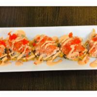 Volcano Roll  · deep fried crab meat avocado and cheese ,top w spicy crunchy tuna , tobiko and spicy mayo sa...