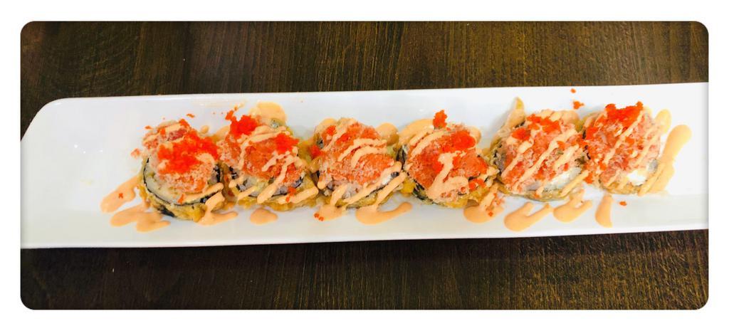 Volcano Roll  · deep fried crab meat avocado and cheese ,top w spicy crunchy tuna , tobiko and spicy mayo sauce