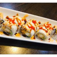 Prospect Roll · shrimp Tempura ,cucumber top with seared spicy white tuna masago scallion & special sauce