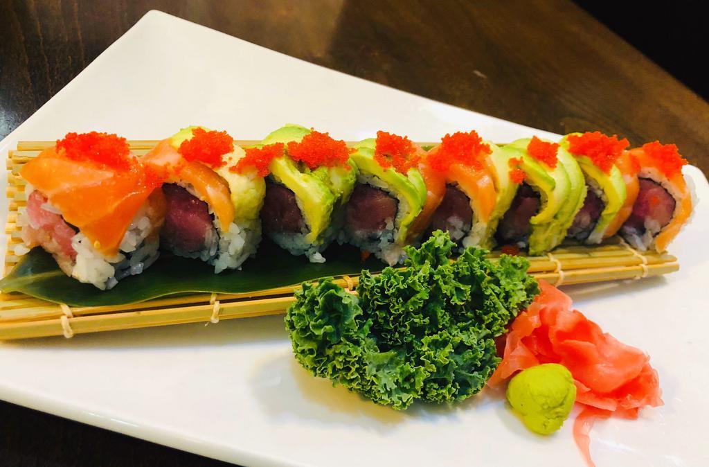 Tokyo Roll · Fresh tuna and yellowtail inside w salmon avo and caviar on top