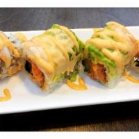 Spicy Girl Roll · spicy salmon and asparagus inside with shrimp avocado on top & chef 'special sauce 