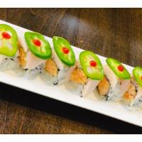 Crazy Yellowtail Roll · spicy crunchy lobster salad and caviar inside with yellowtail jalapeno on the top