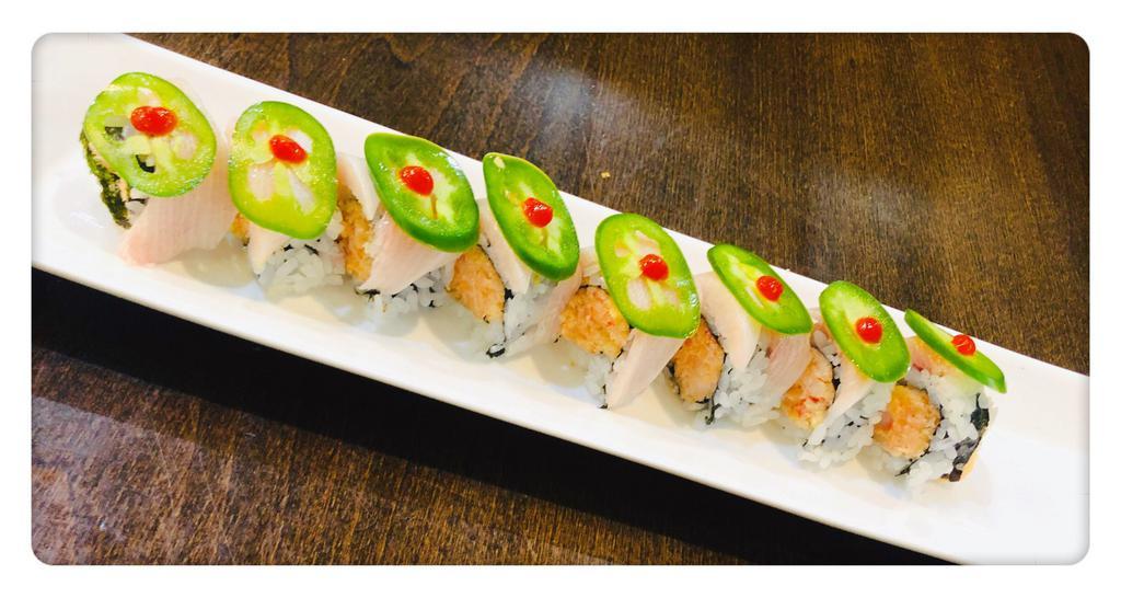 Crazy Yellowtail Roll · spicy crunchy lobster salad and caviar inside with yellowtail jalapeno on the top