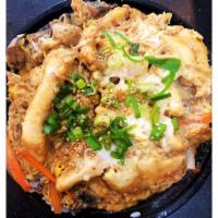 Oyako Don · Chicken with onion, carrots, mushrooms and egg over rice with special sauce. Served with mis...