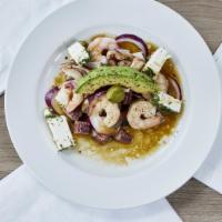 Cazuela Verde · (Shrimp, octopus,  or mix). Red onion, cucumber, cilantro, green olives, avocado topped with...