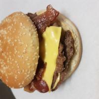 Bacon Double Cheeseburger · Two patties topped with bacon, ketchup, mustard, pickles, and grilled onions.