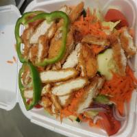 Crispy Chicken Salad · Fresh crispy lettuce,carrots,red onions,cucumbers,green peppers and tomatoes wedges