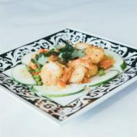 Stir-fried Crispy Shrimp * · Stir-fried shrimp prepared with garlic, chopped onions, red and green bell peppers, salt, an...