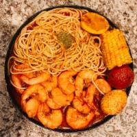 starter special  · 1/2 shrimp no head jumbo, Garlic  noodles and one corn ,one potato and one Egg