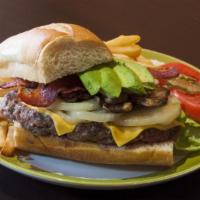 N1. Mahalo's Burger · Ground beef patty, avocado, bacon, American cheese, tomato, lettuce, pickle, sauteed mushroo...