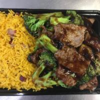 C6. Beef with Broccoli Combo Platter · Served with pork fried rice and egg roll.