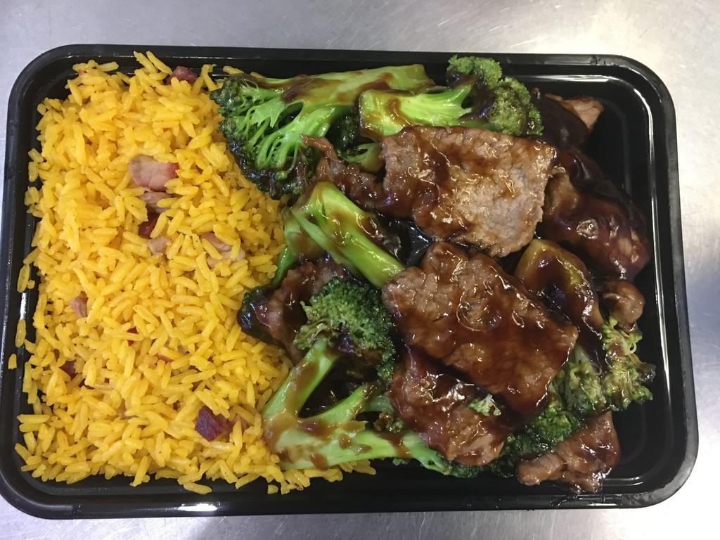 C6. Beef with Broccoli Combo Platter · Served with pork fried rice and egg roll.